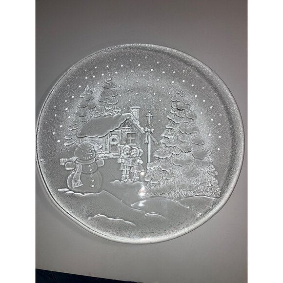 Clear Glass Vintage Christmas Plate Platter With Snowman & Tree Design - Picture 1 of 9